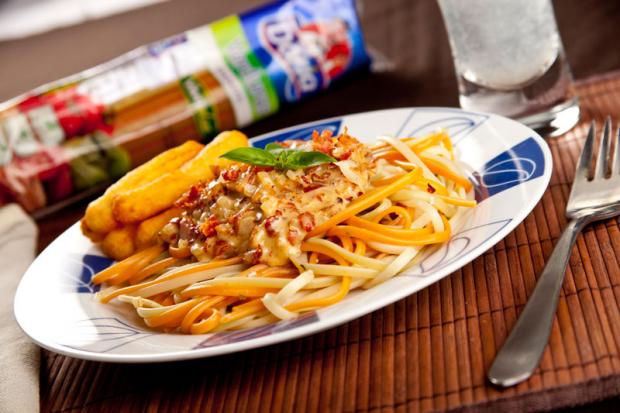 receta Spaghetti verduras doria con crema de cebolla y yuquitas fritas 